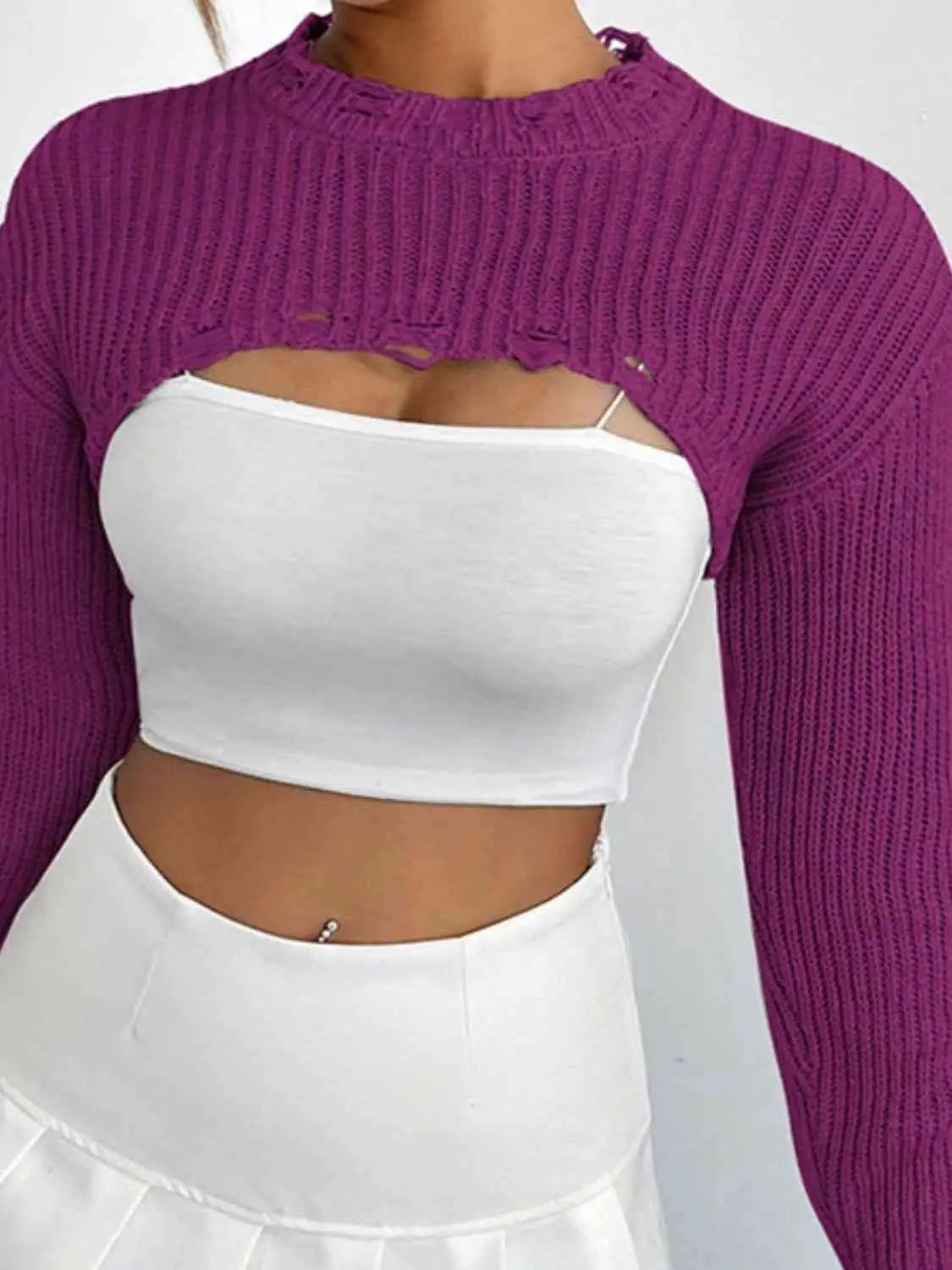 Distressed Long Sleeve Cropped Sweater Trendsi