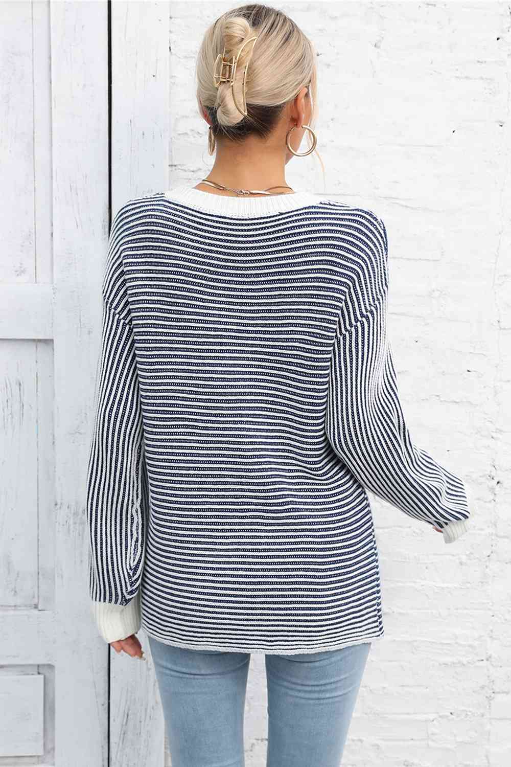 Striped Round Neck Long Sleeve Knit Top Trendsi