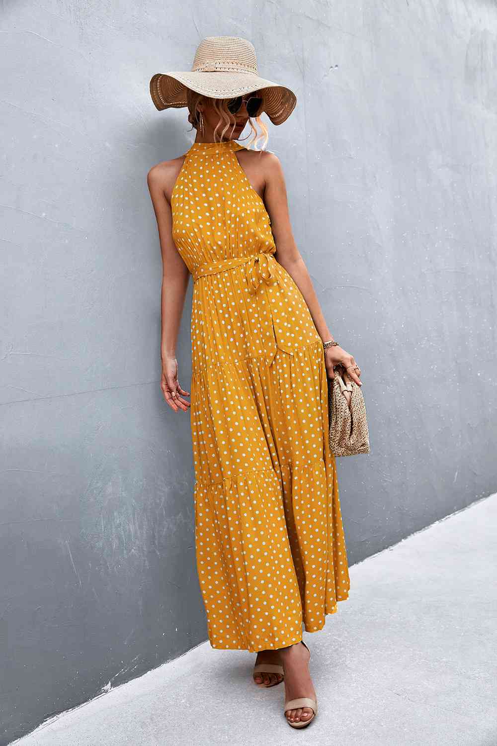 Printed Sleeveless Tie Waist Maxi Dress Bazaarbey