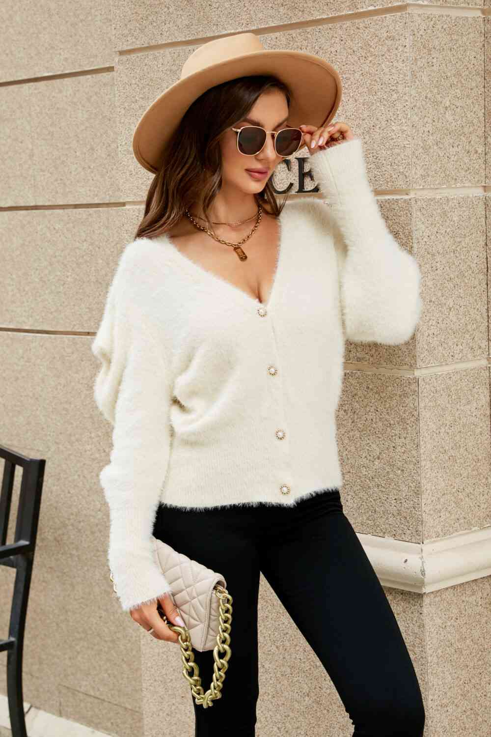  Puff Sleeve V-Neck Fuzzy Cardigan Trendsi