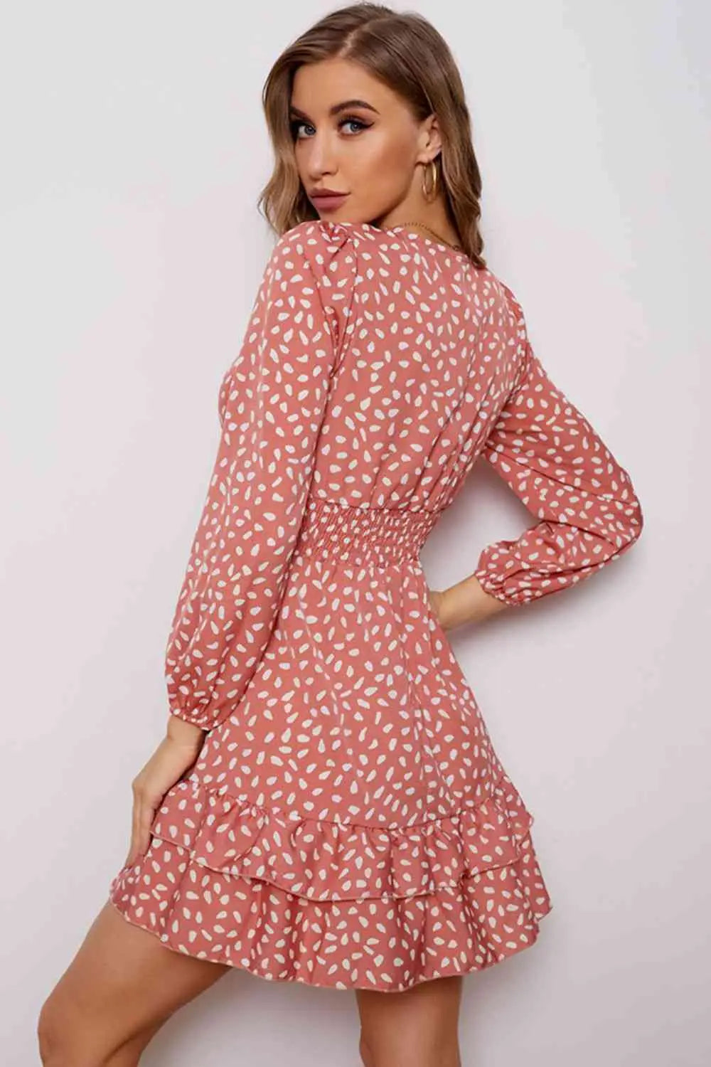 Printed  Neck Puff Sleeve Ruffle Hem Dress -BazaarBey - www.shopbazaarbey.com