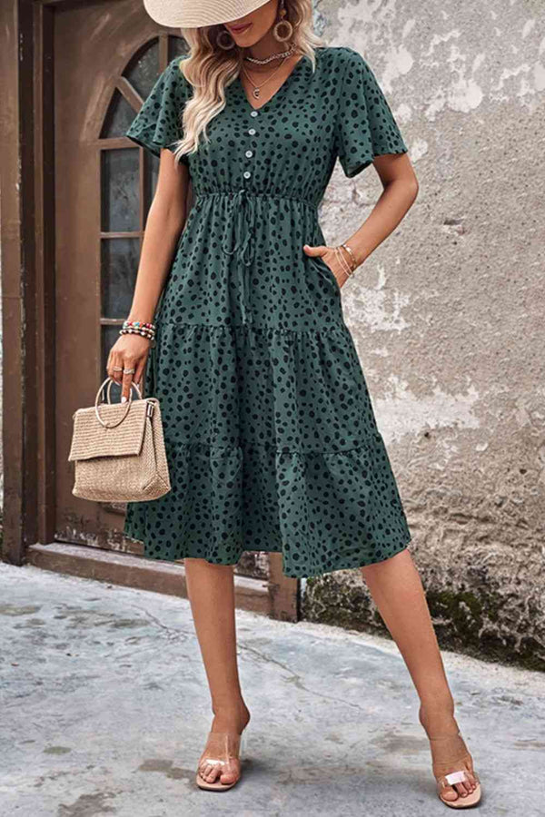 Printed Buttoned V-Neck Flutter Sleeve Dress -BazaarBey - www.shopbazaarbey.com