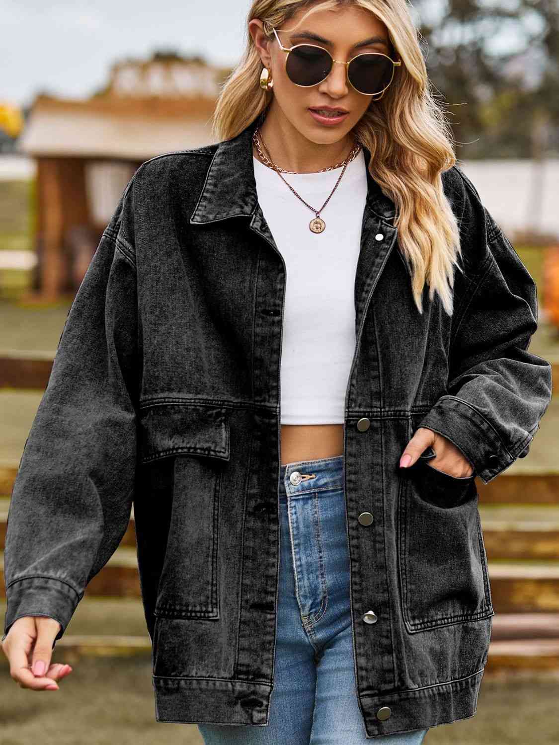 Dropped Shoulder Denim Jacket with Pockets Bazaarbey