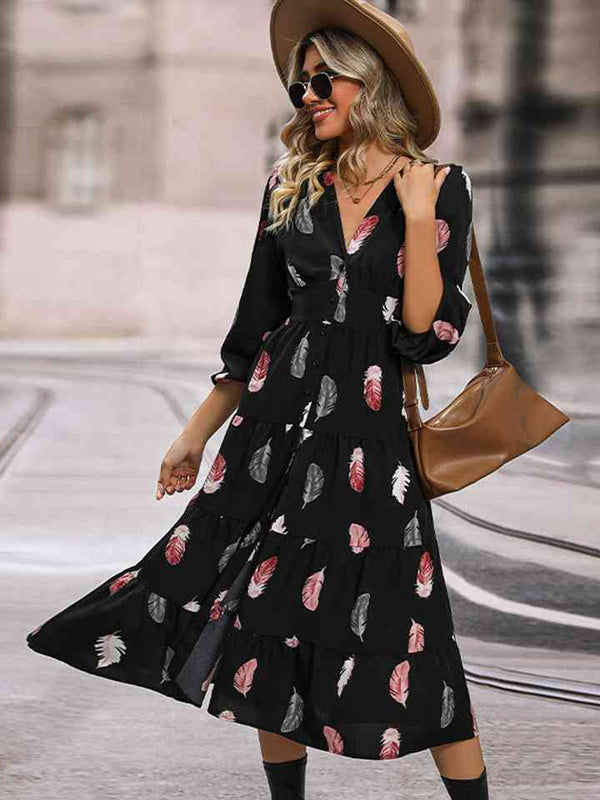 Printed V-Neck Slit Dress -BazaarBey - www.shopbazaarbey.com
