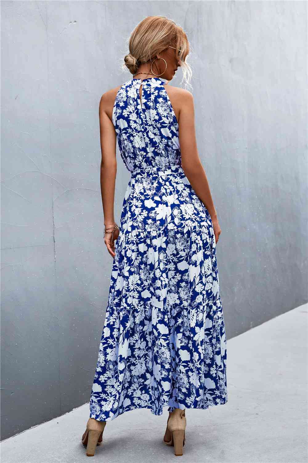 Printed Sleeveless Tie Waist Maxi Dress Bazaarbey