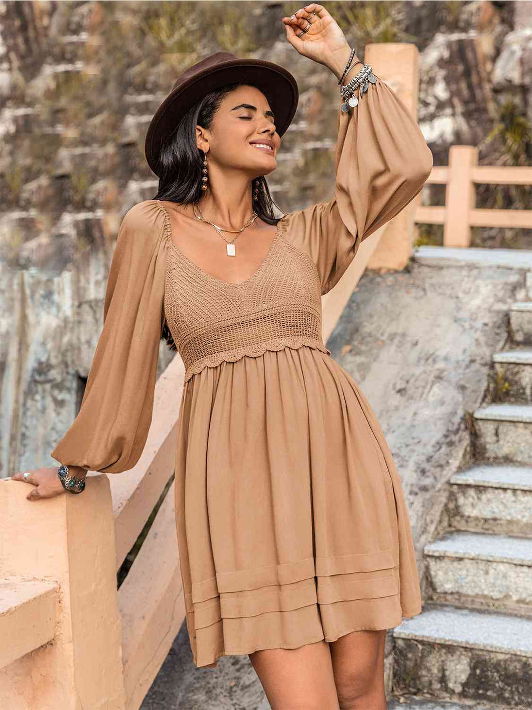 Crochet V-Neck Balloon Sleeve Dress -BazaarBey - www.shopbazaarbey.com