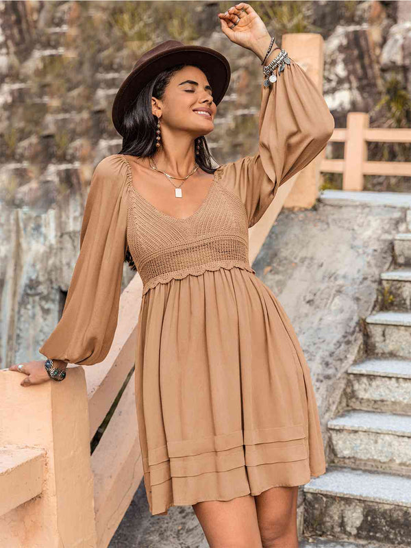 Crochet V-Neck Balloon Sleeve Dress -BazaarBey - www.shopbazaarbey.com