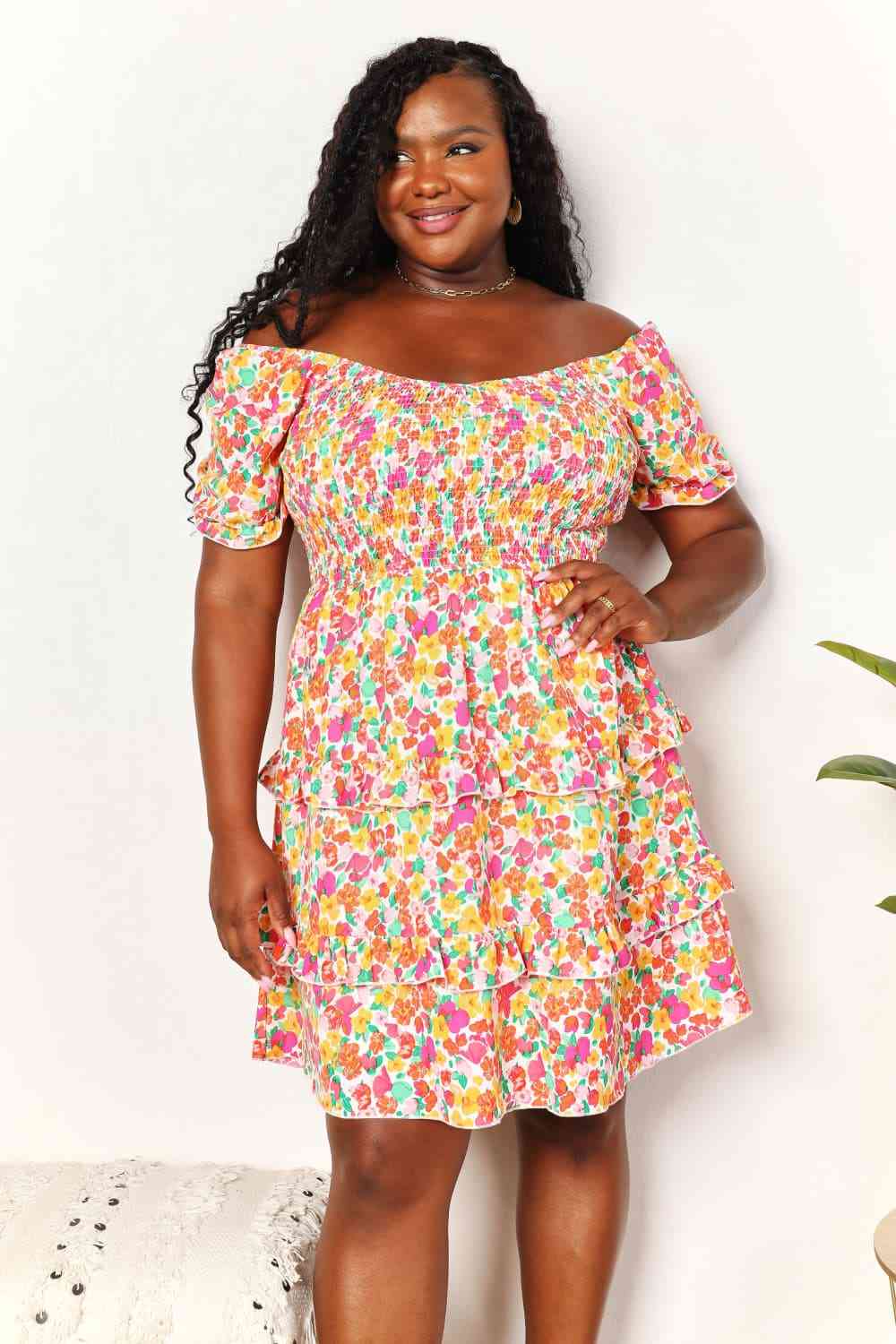  Smocked Sweetheart Neck Flounce Sleeve Mini Dress -BazaarBey - www.shopbazaarbey.com