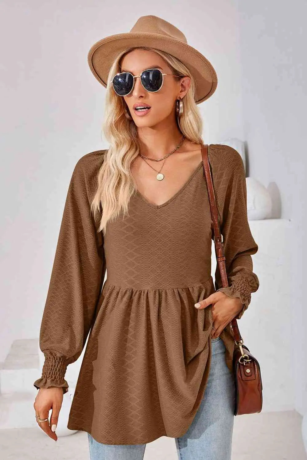 V-Neck Lantern Sleeve Blouse Bazaarbey