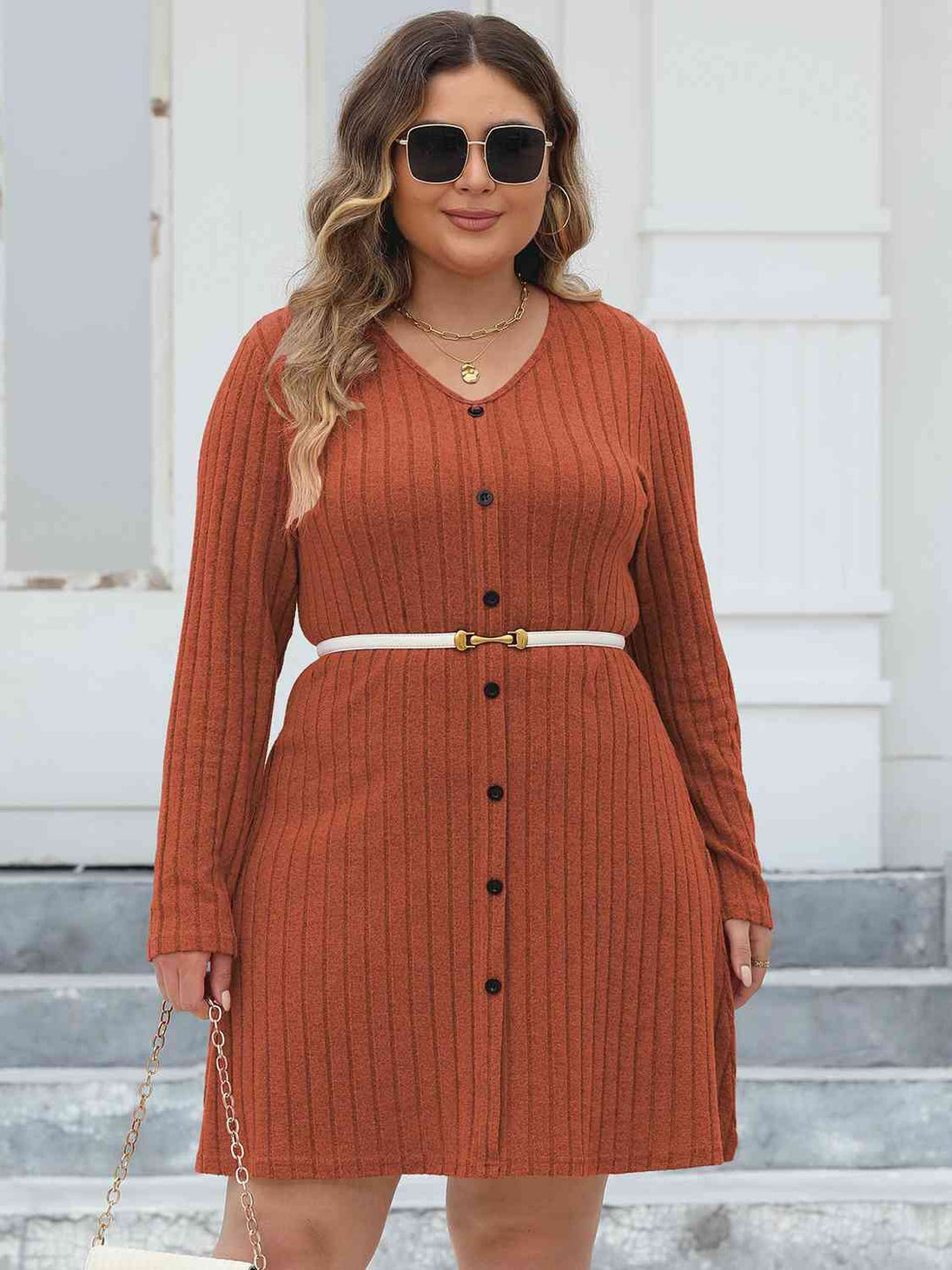 Plus Size Ribbed Buttoned V-Neck Long Sleeve Dress -BazaarBey - www.shopbazaarbey.com