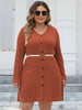 Plus Size Ribbed Buttoned V-Neck Long Sleeve Dress -BazaarBey - www.shopbazaarbey.com