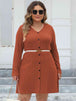 Plus Size Ribbed Buttoned V-Neck Long Sleeve Dress -BazaarBey - www.shopbazaarbey.com