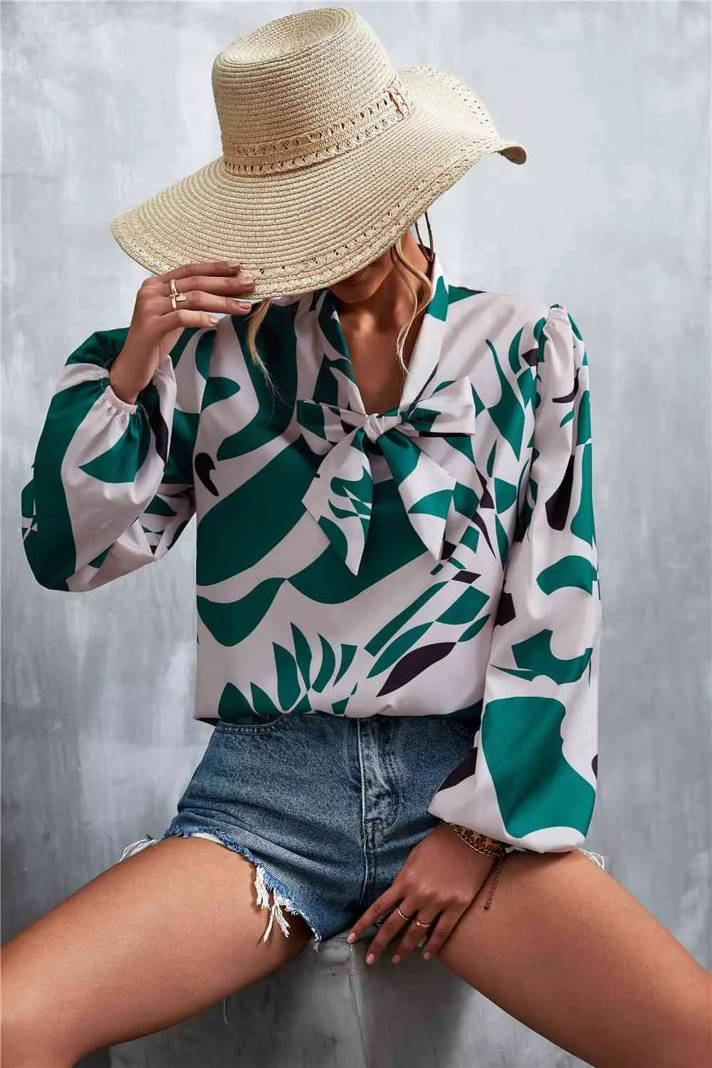 Printed Tie Neck Puff Sleeve Blouse Bazaarbey