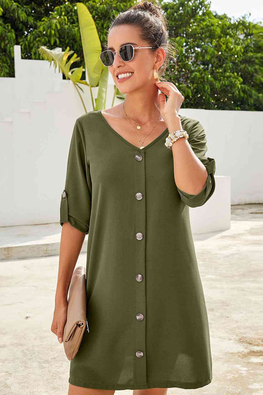 Buttoned V-Neck Dress -BazaarBey - www.shopbazaarbey.com