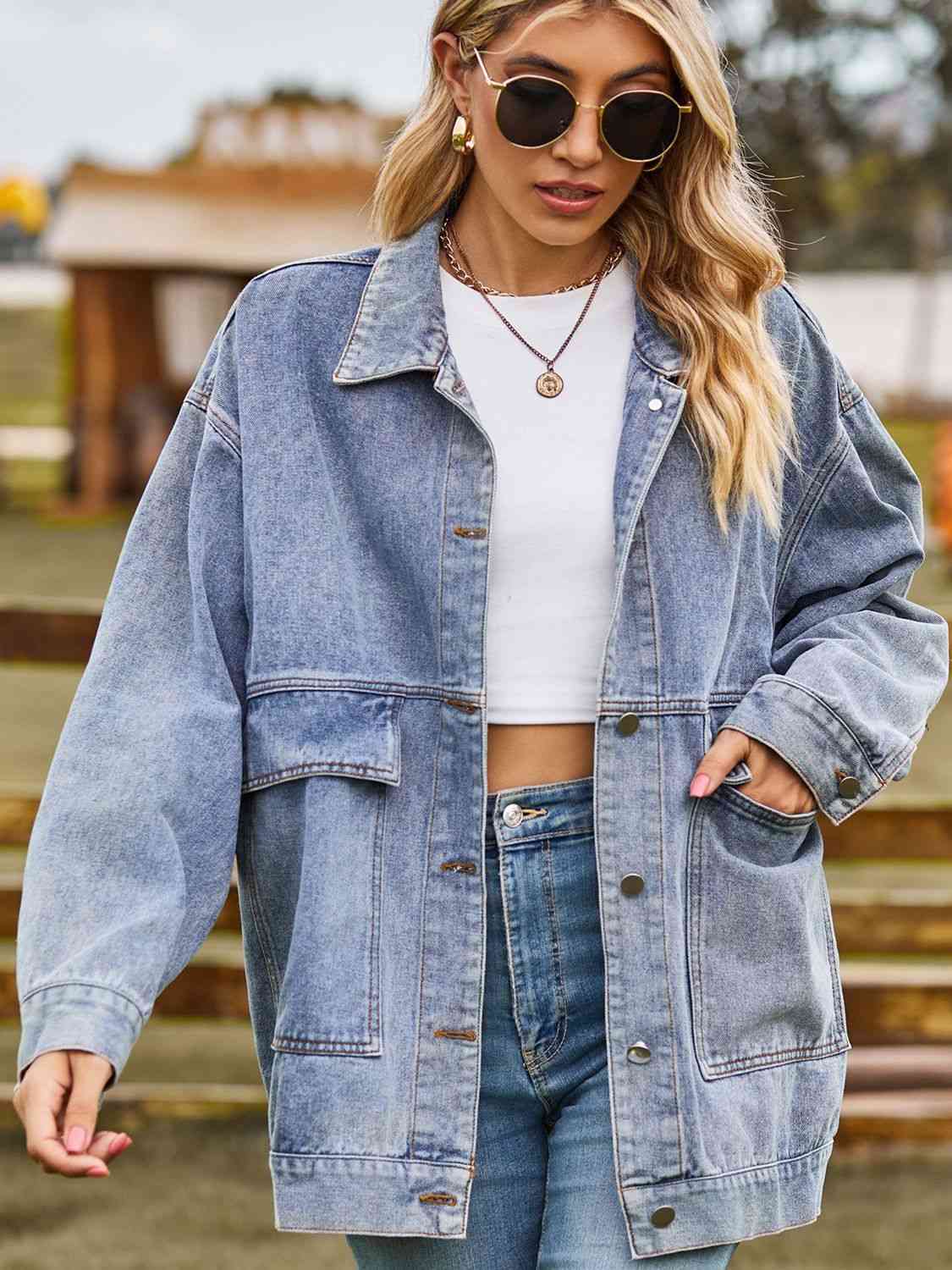 Dropped Shoulder Denim Jacket with Pockets Bazaarbey