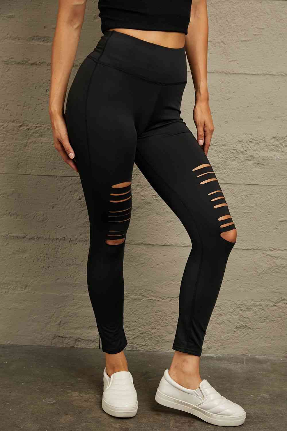  Wide Waistband Distressed Slim Fit Leggings Bazaarbey