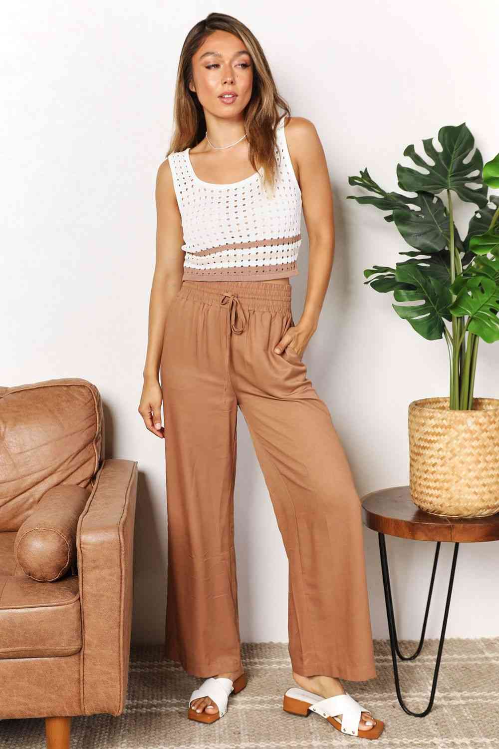  Drawstring Smocked Waist Wide Leg Pants Bazaarbey