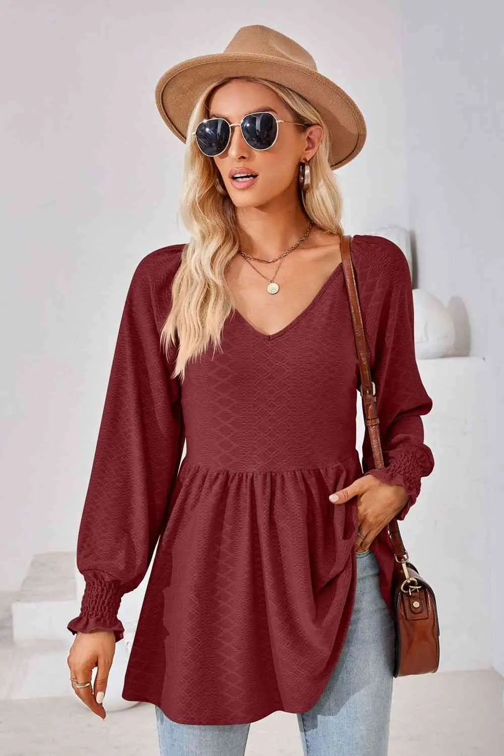 V-Neck Lantern Sleeve Blouse Bazaarbey
