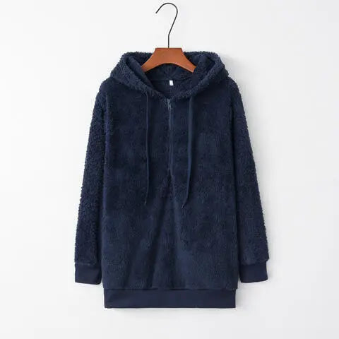 Quarter-Zip Drawstring Teddy Hoodie Bazaarbey