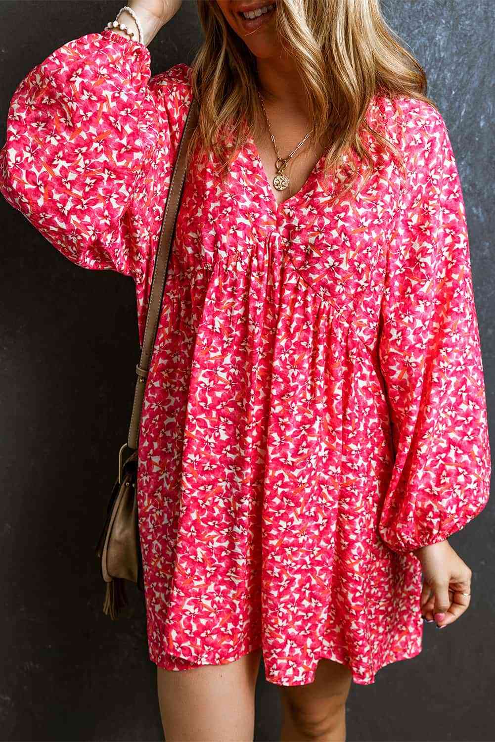 V-Neck Floral Print Long Sleeve Mini Dress -BazaarBey - www.shopbazaarbey.com