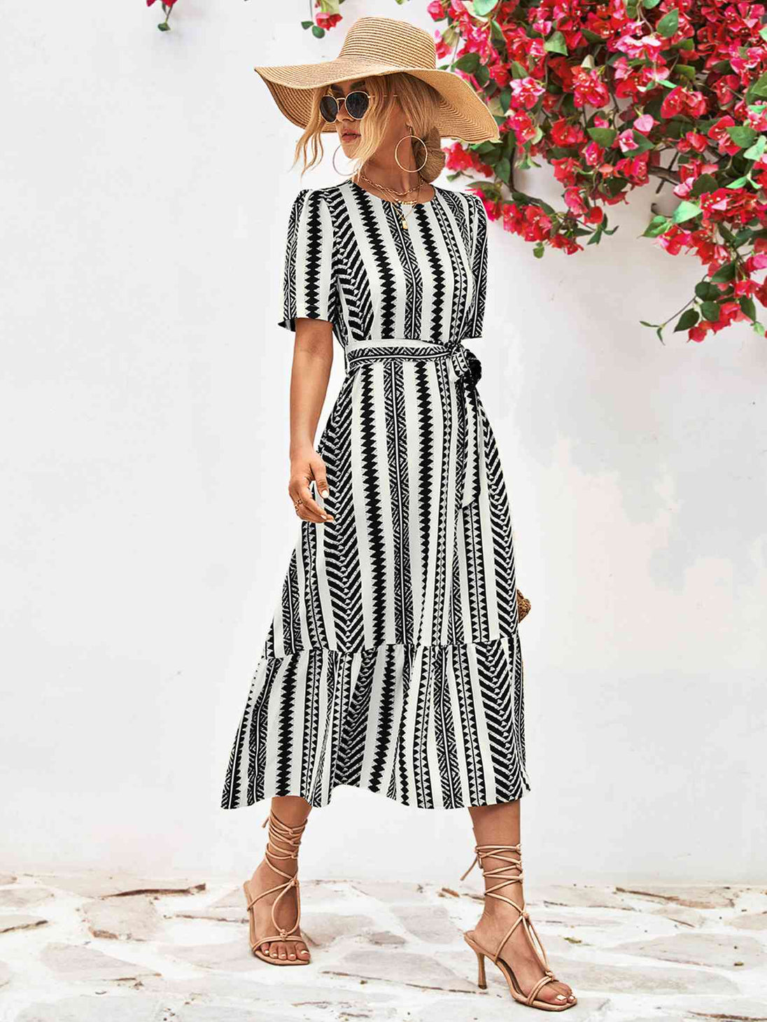 Striped Tie Belt Round Neck Puff Sleeve Dress -BazaarBey - www.shopbazaarbey.com
