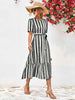 Striped Tie Belt Round Neck Puff Sleeve Dress -BazaarBey - www.shopbazaarbey.com