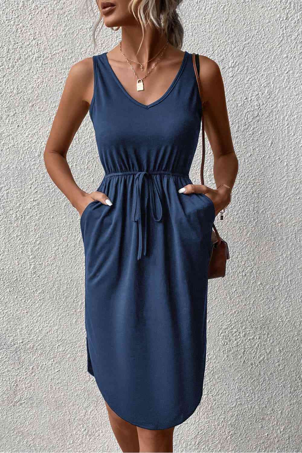 V-Neck Curved Hem Sleeveless Dress -BazaarBey - www.shopbazaarbey.com