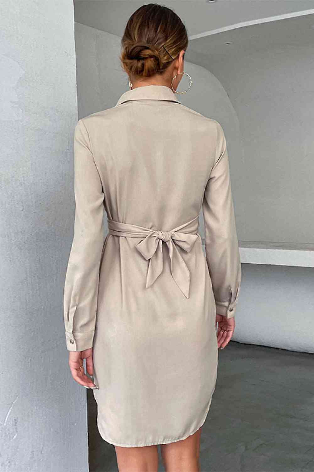  Tie-Back Curved Hem Shirt Dress -BazaarBey - www.shopbazaarbey.com