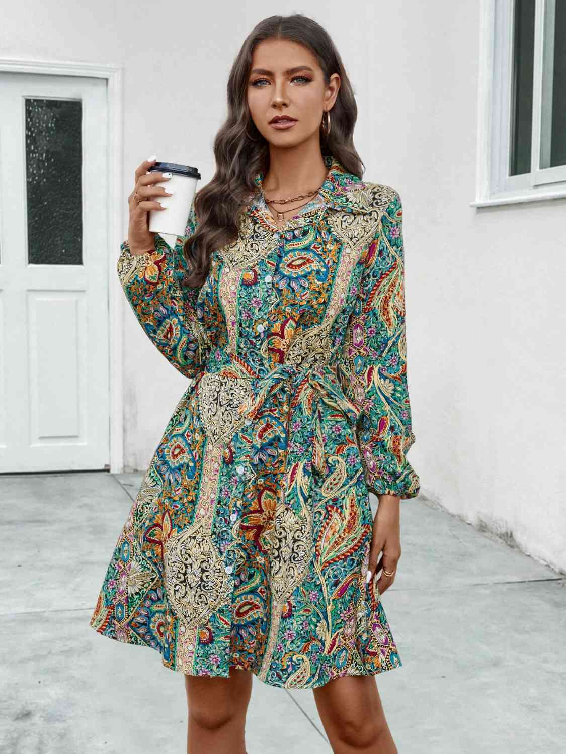 Printed Collared Neck Long Sleeve Dress -BazaarBey - www.shopbazaarbey.com