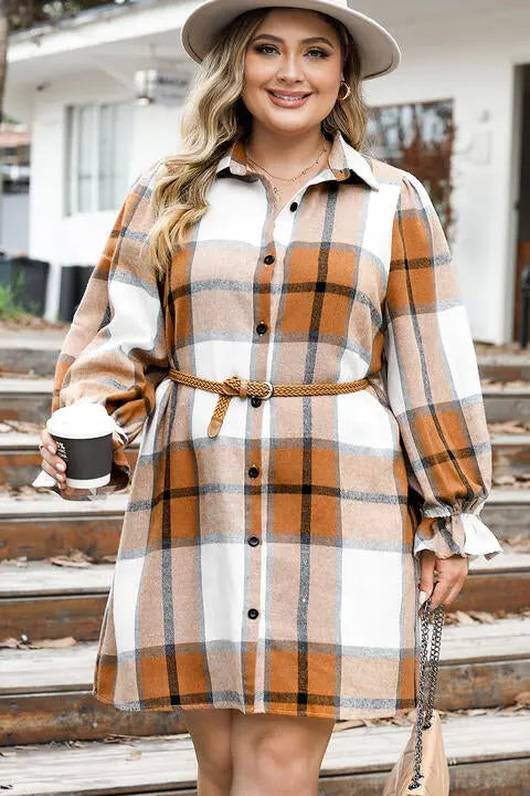 Plus Size Plaid Button Up Shirt Dress -BazaarBey - www.shopbazaarbey.com