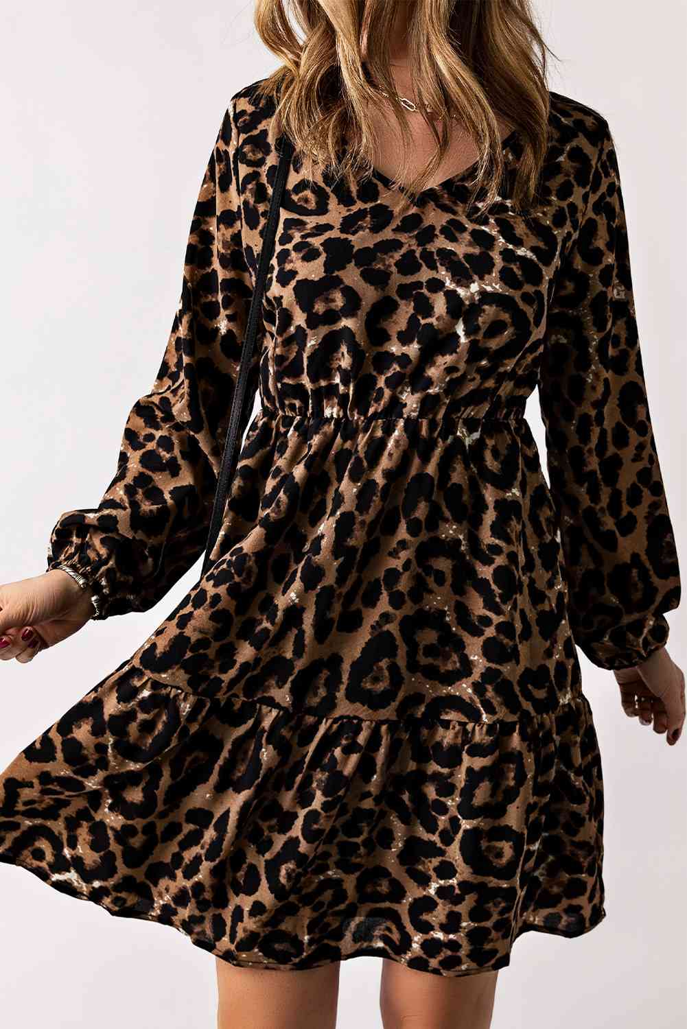 Leopard V-Neck Balloon Sleeve Tiered Dress -BazaarBey - www.shopbazaarbey.com