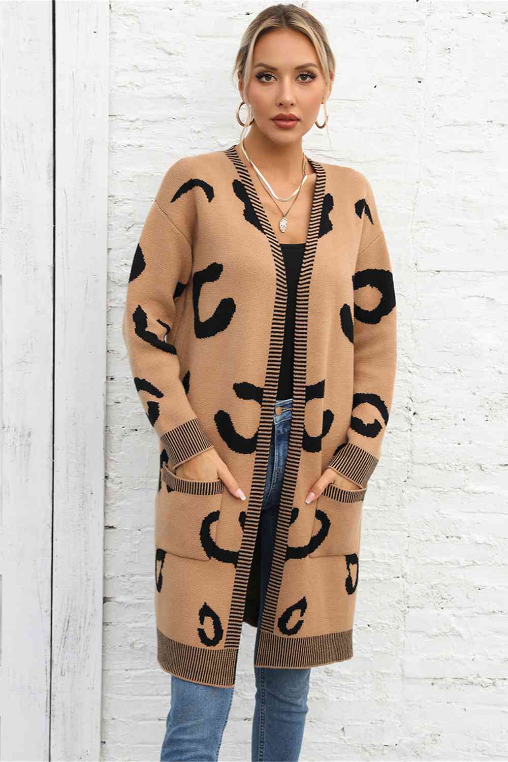 Printed Long Sleeve Cardigan with Pockets Trendsi