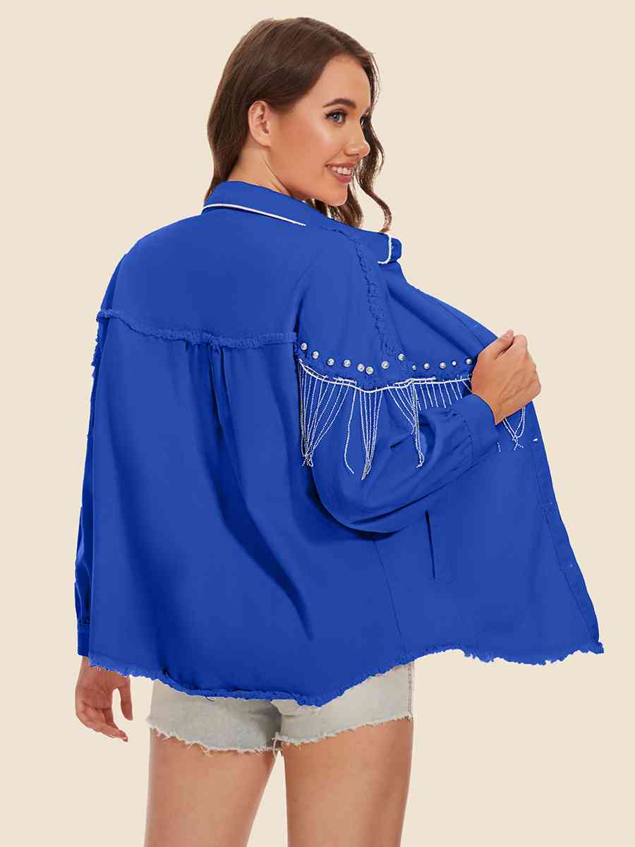 Raw Hem Fringe Detail Denim Jacket Bazaarbey