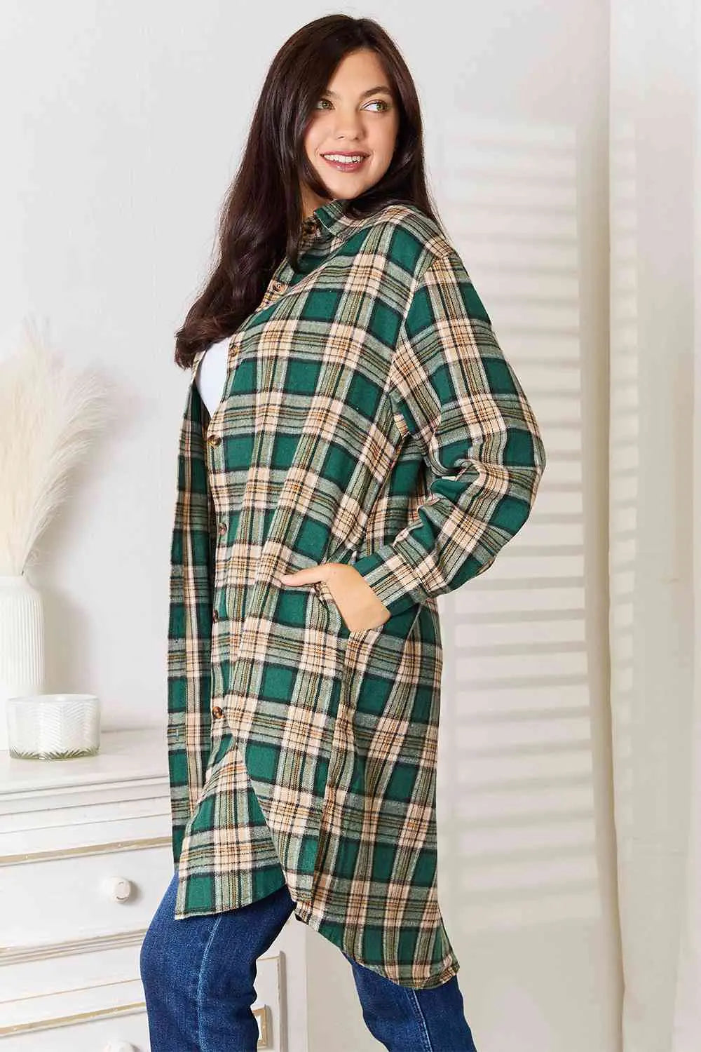  Plaid Collared Neck Long Sleeve Shirt Trendsi