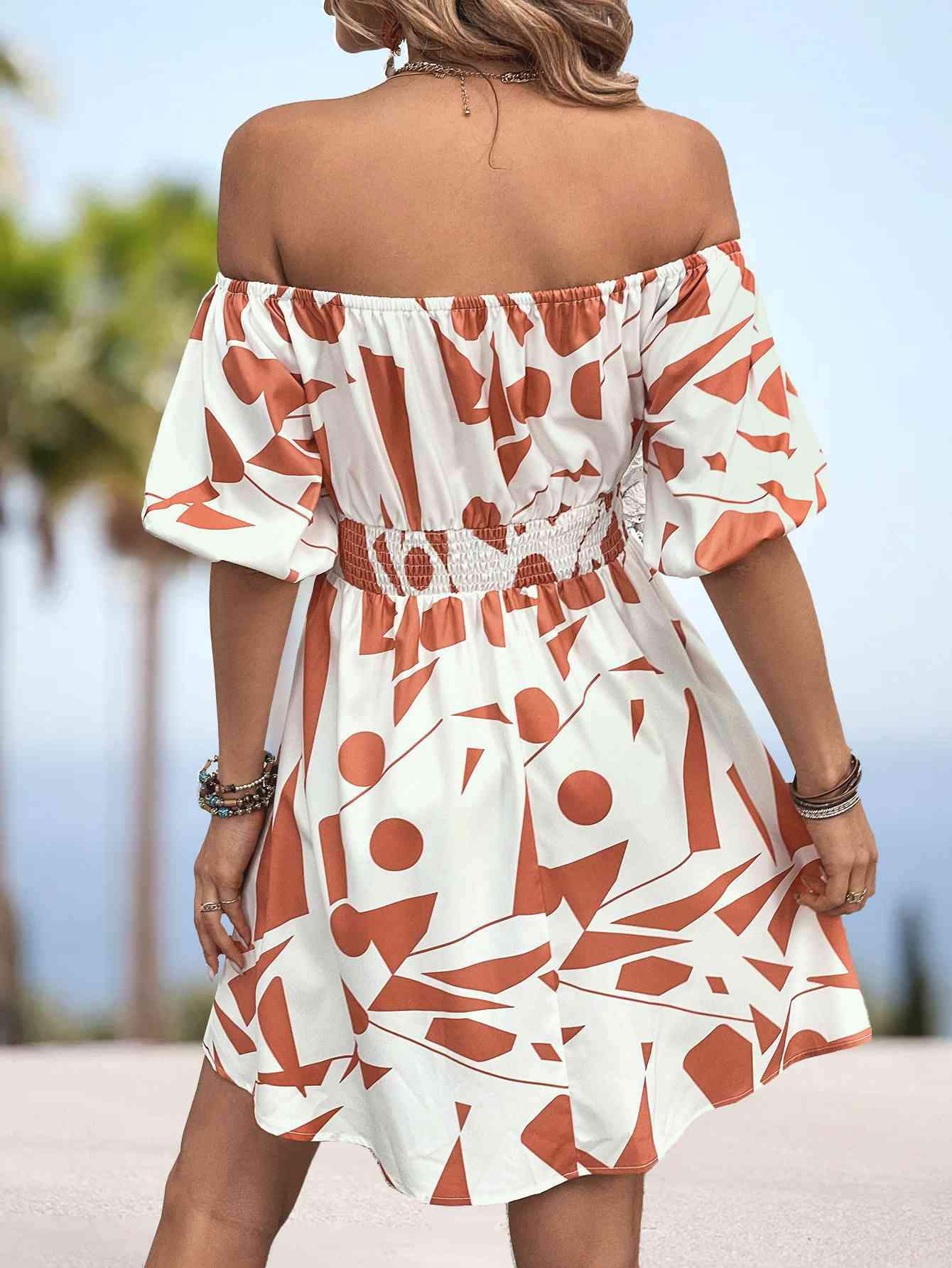Printed Off-Shoulder Smocked Waist Dress -BazaarBey - www.shopbazaarbey.com
