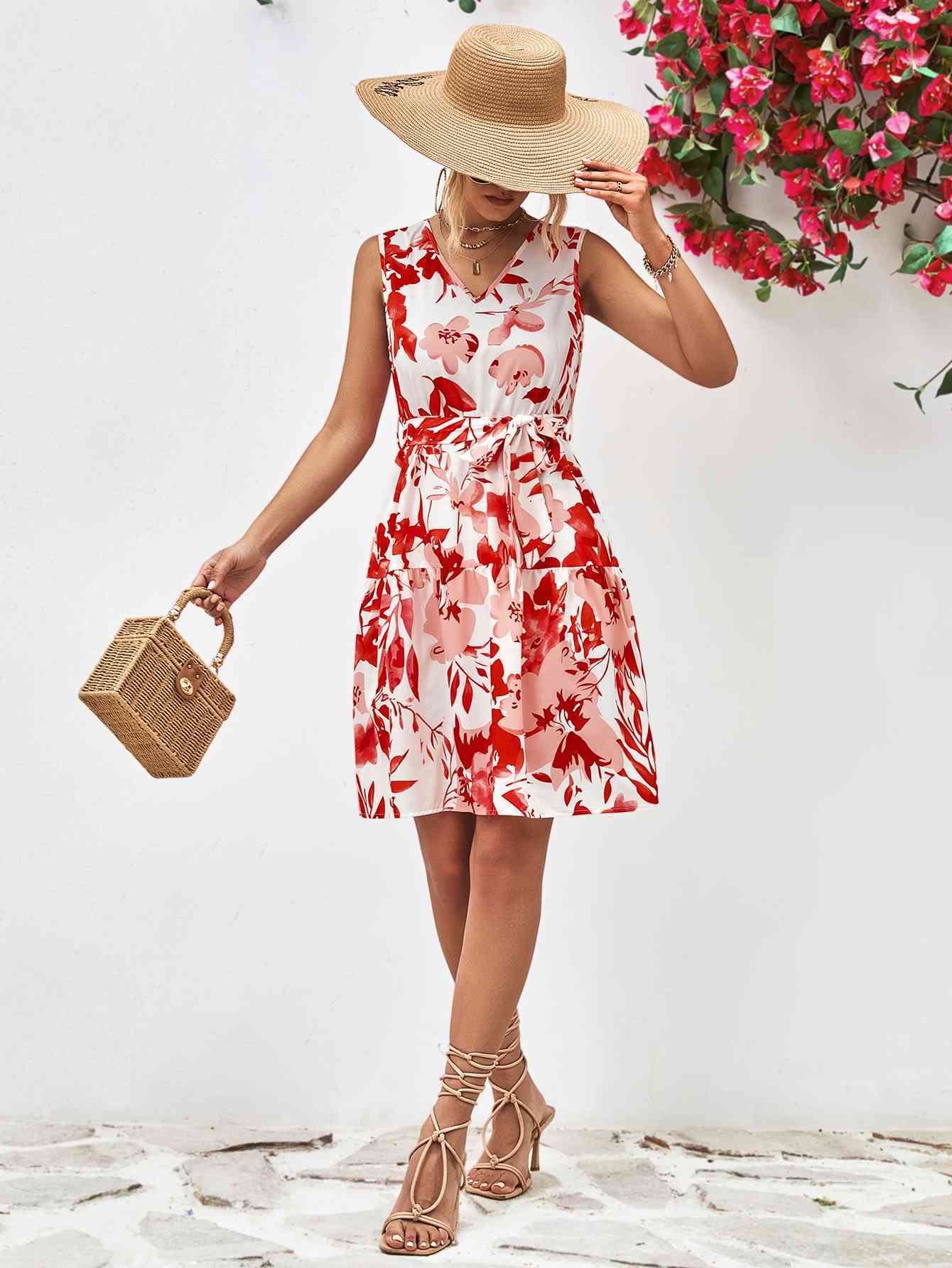 Floral V-Neck Tie Waist Sleeveless Dress -BazaarBey - www.shopbazaarbey.com