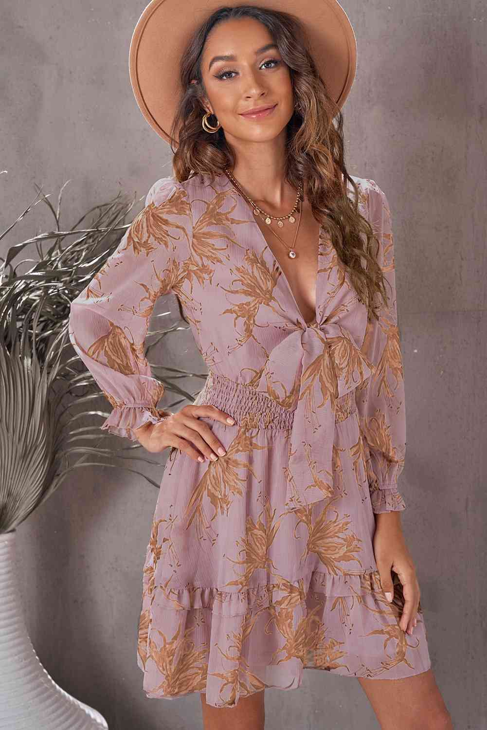 Floral Deep V Flounce Sleeve Mini Dress -BazaarBey - www.shopbazaarbey.com