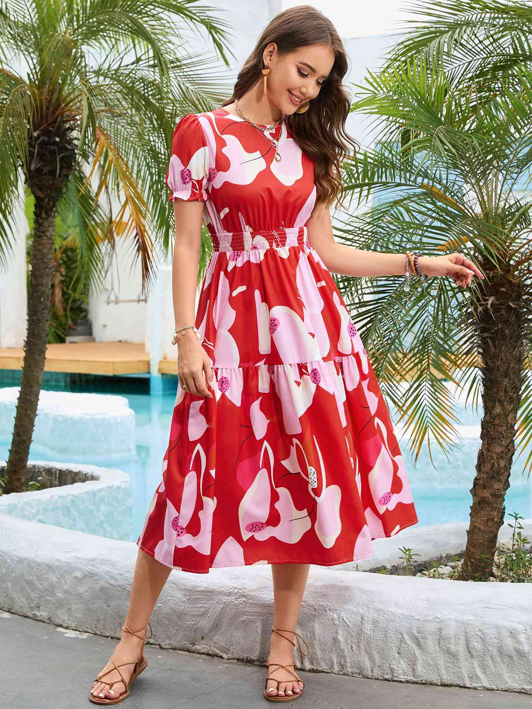 Printed Round Neck Flounce Sleeve Midi Dress -BazaarBey - www.shopbazaarbey.com