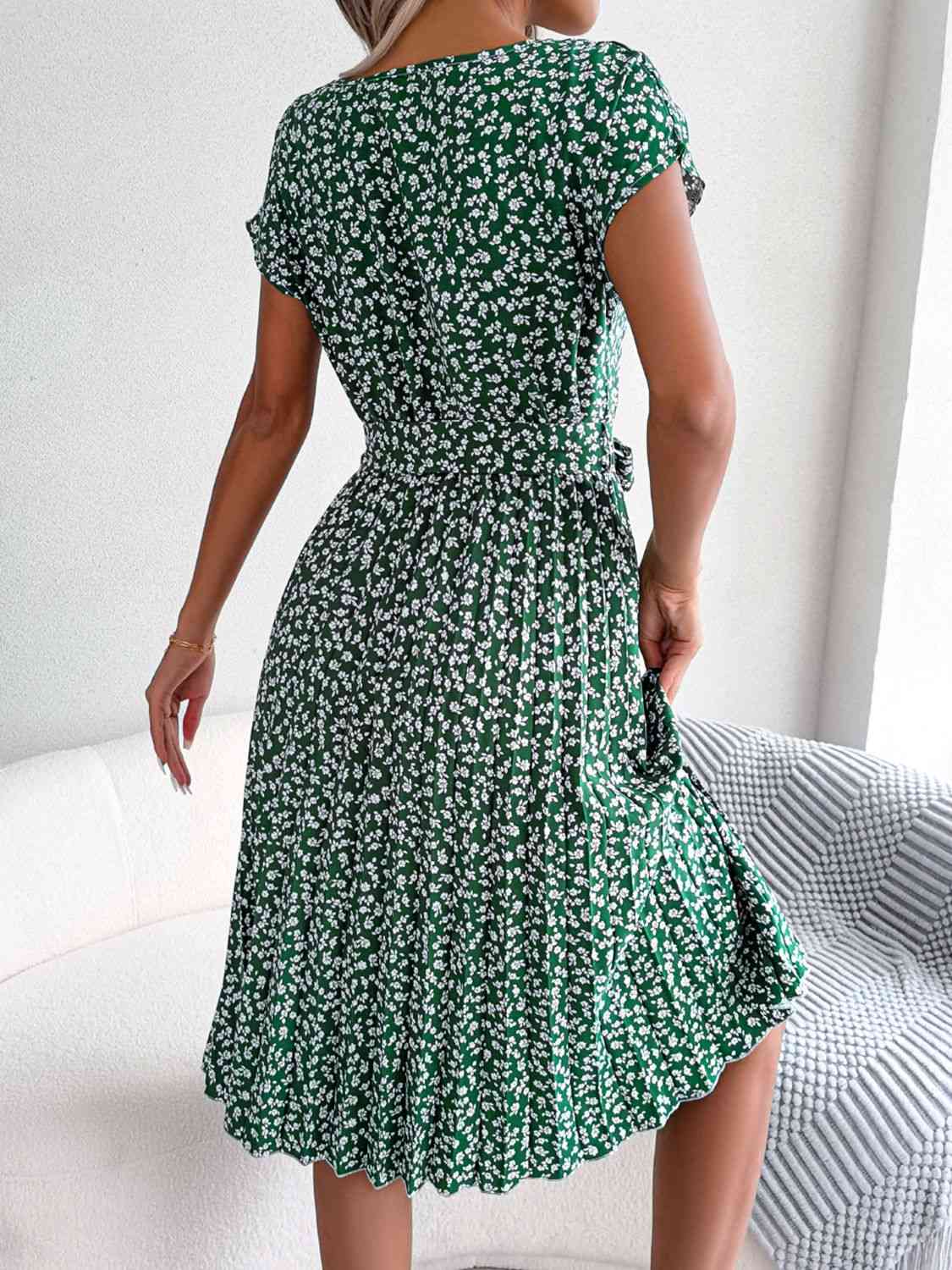  Floral Pleated Belted Dress -BazaarBey - www.shopbazaarbey.com