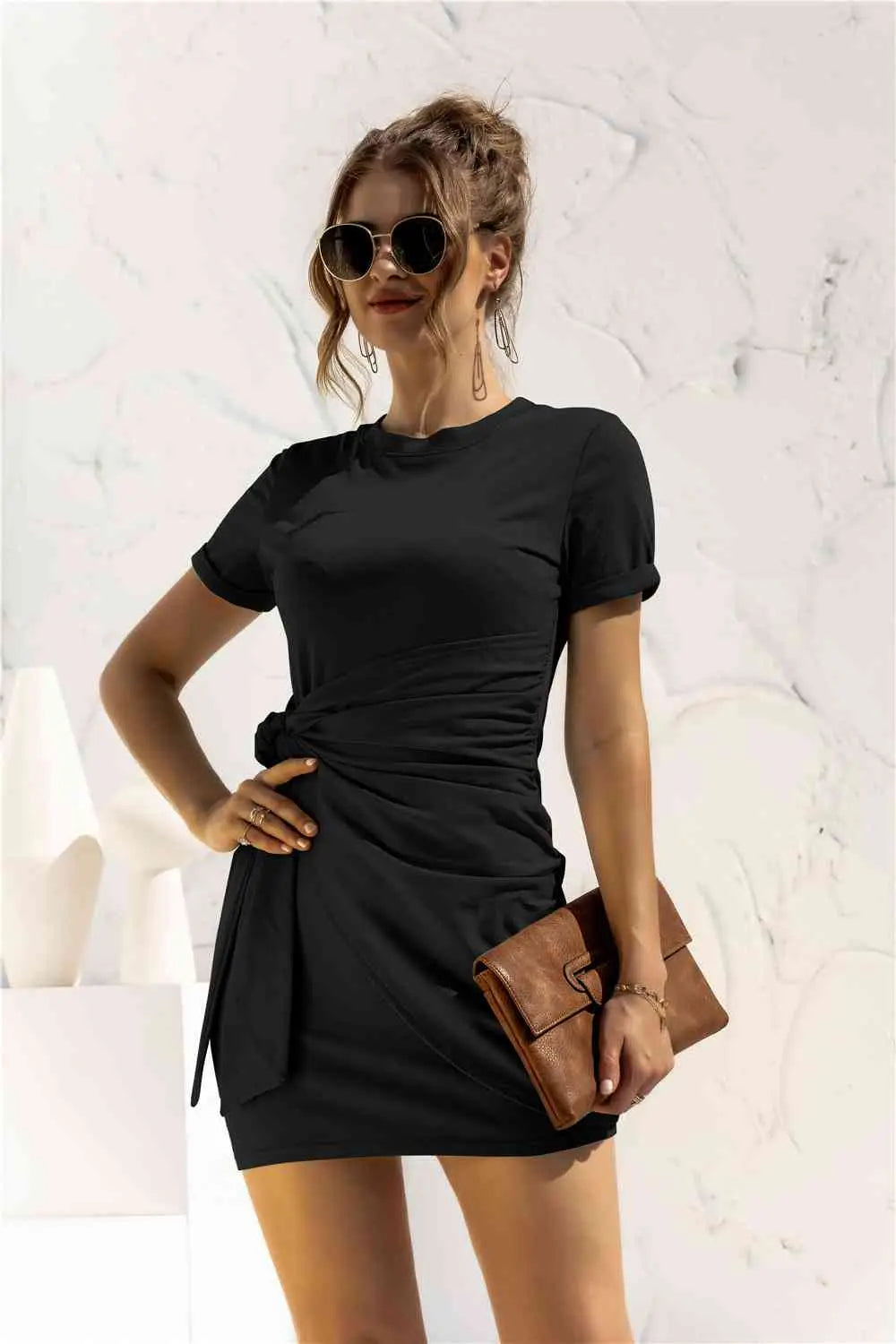 Round Neck Cuffed Sleeve Side Tie Dress -BazaarBey - www.shopbazaarbey.com
