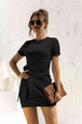 Round Neck Cuffed Sleeve Side Tie Dress -BazaarBey - www.shopbazaarbey.com