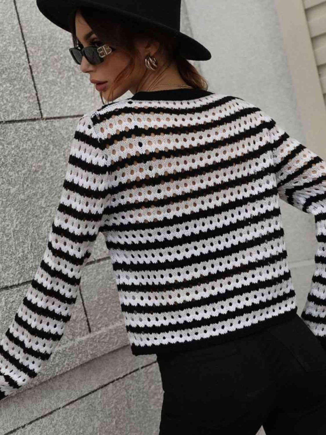 Striped  Long-Sleeve Knit Pullover Trendsi