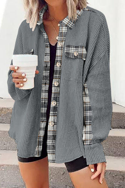 Plaid Button Down Collared Jacket Trendsi