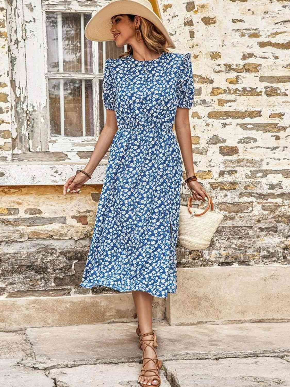 Floral Round Neck Split Midi Dress -BazaarBey - www.shopbazaarbey.com