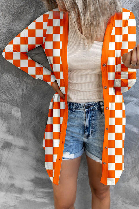Checkered Button Up Long Cardigan Trendsi