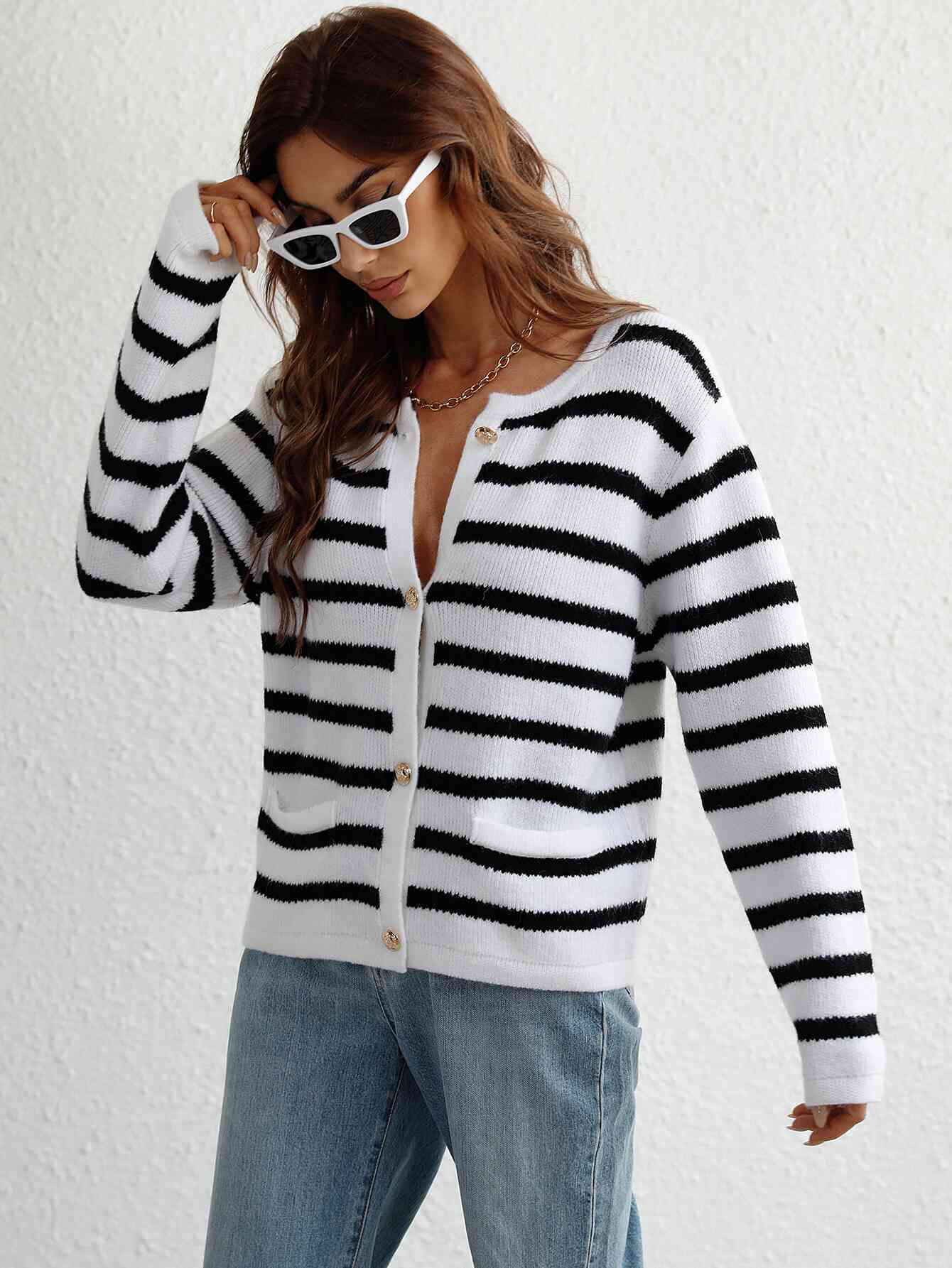  Striped Button Front Cardigan Trendsi