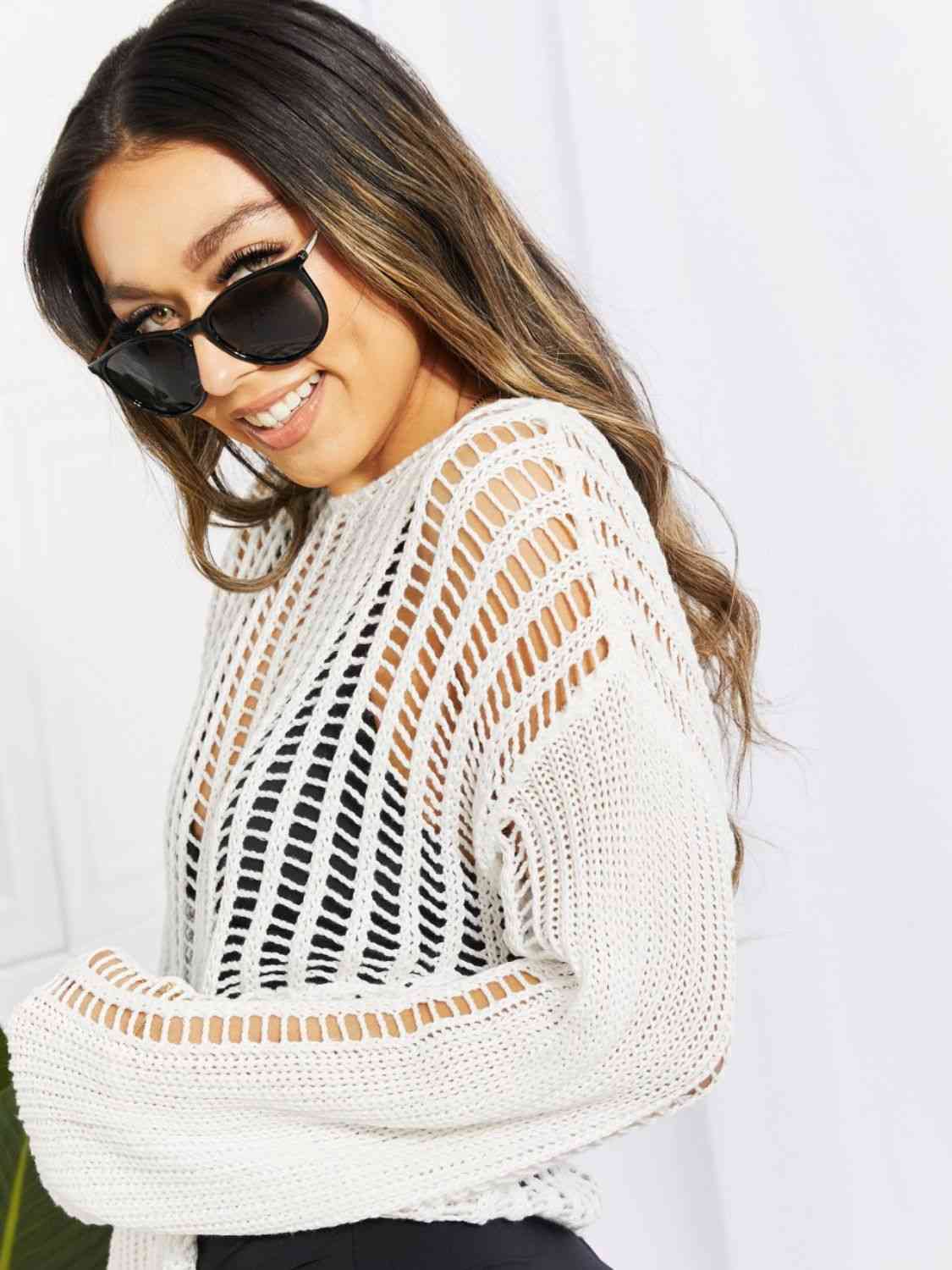 Long Sleeve Round Neck Openwork Cover-Up Trendsi