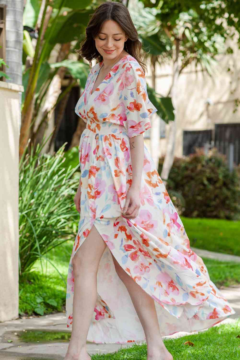 Floral Deep V Slit Maxi Dress -BazaarBey - www.shopbazaarbey.com