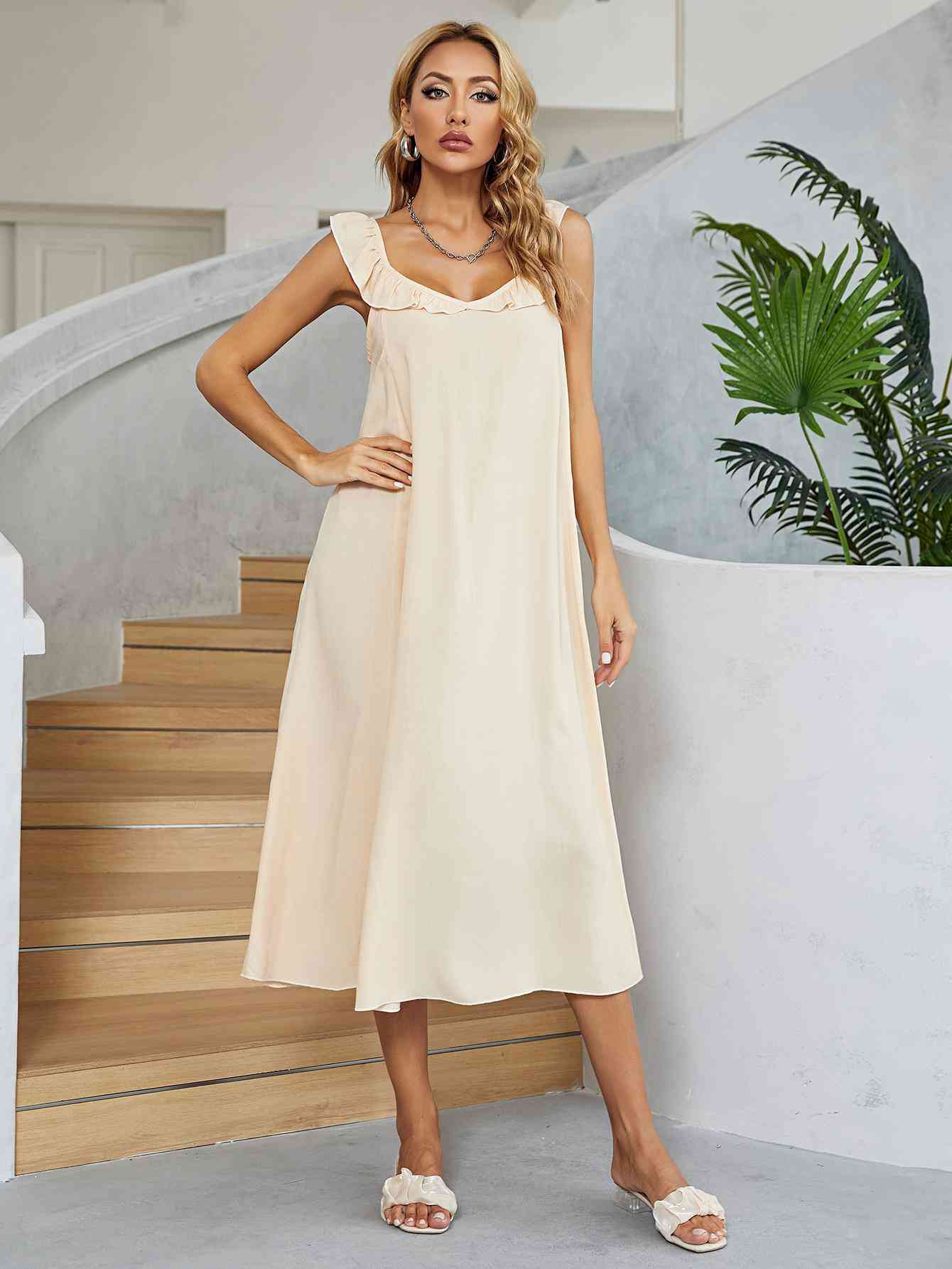 Ruffled V-Neck Midi Dress -BazaarBey - www.shopbazaarbey.com
