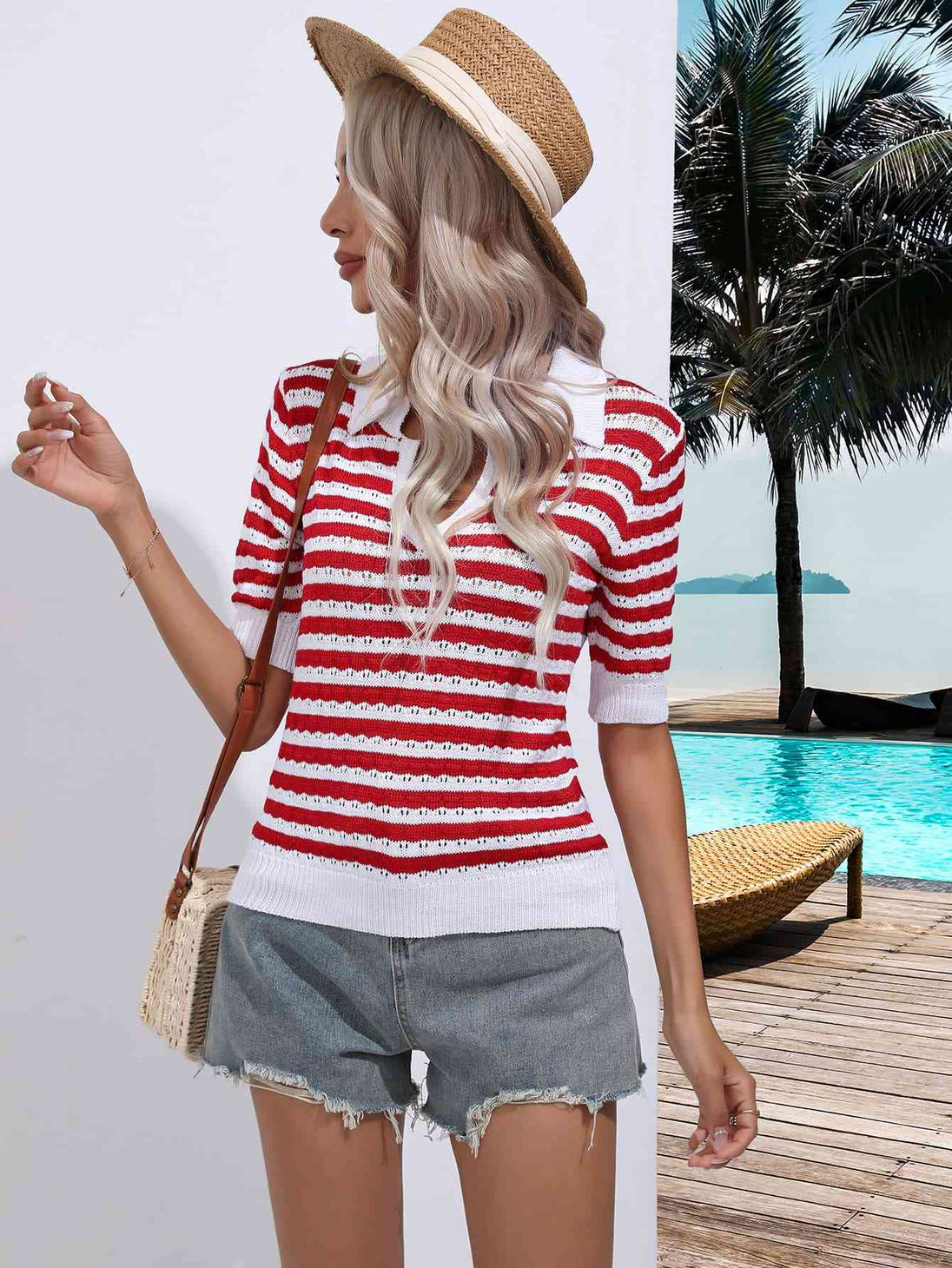 Striped  Half Sleeve Knit Top Trendsi